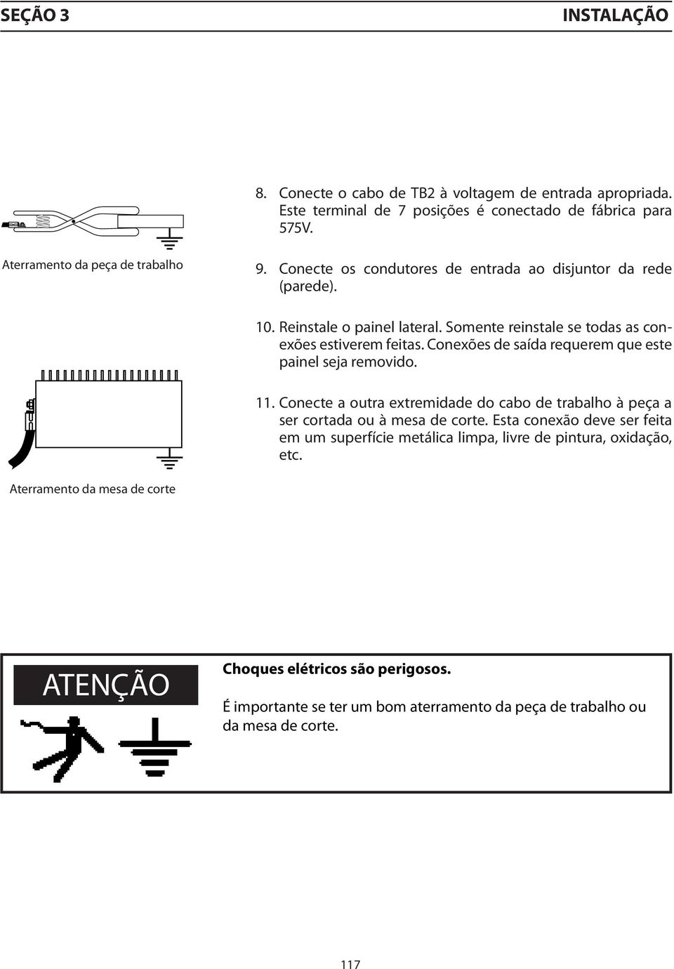 Conexões de saída requerem que este painel seja removido. 11. Conecte a outra extremidade do cabo de trabalho à peça a ser cortada ou à mesa de corte.