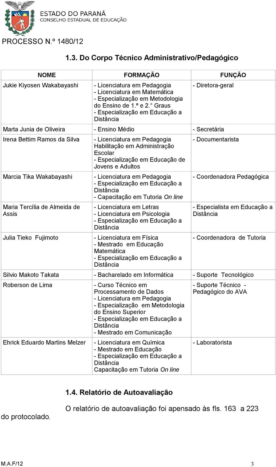 Graus - Especialização em Educação a - Diretora-geral Marta Junia de Oliveira - Ensino Médio - Secretária Irena Bettim Ramos da Silva Marcia Tika Wakabayashi Maria Tercília de Almeida de Assis Julia