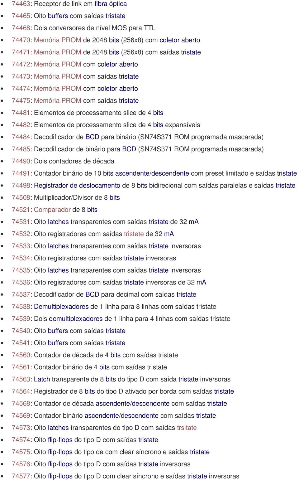 saídas tristate 74481: Elementos de processamento slice de 4 bits 74482: Elementos de processamento slice de 4 bits expansíveis 74484: Decodificador de BCD para binário (SN74S371 ROM programada