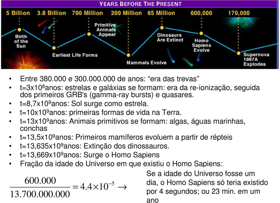 t=13x10 9 anos: Animais primitivos se formam: algas, águas marinhas, conchas t=13,5x10 9 anos: Primeiros mamíferos evoluem a partir de répteis t=13,635x10 9 anos: Extinção