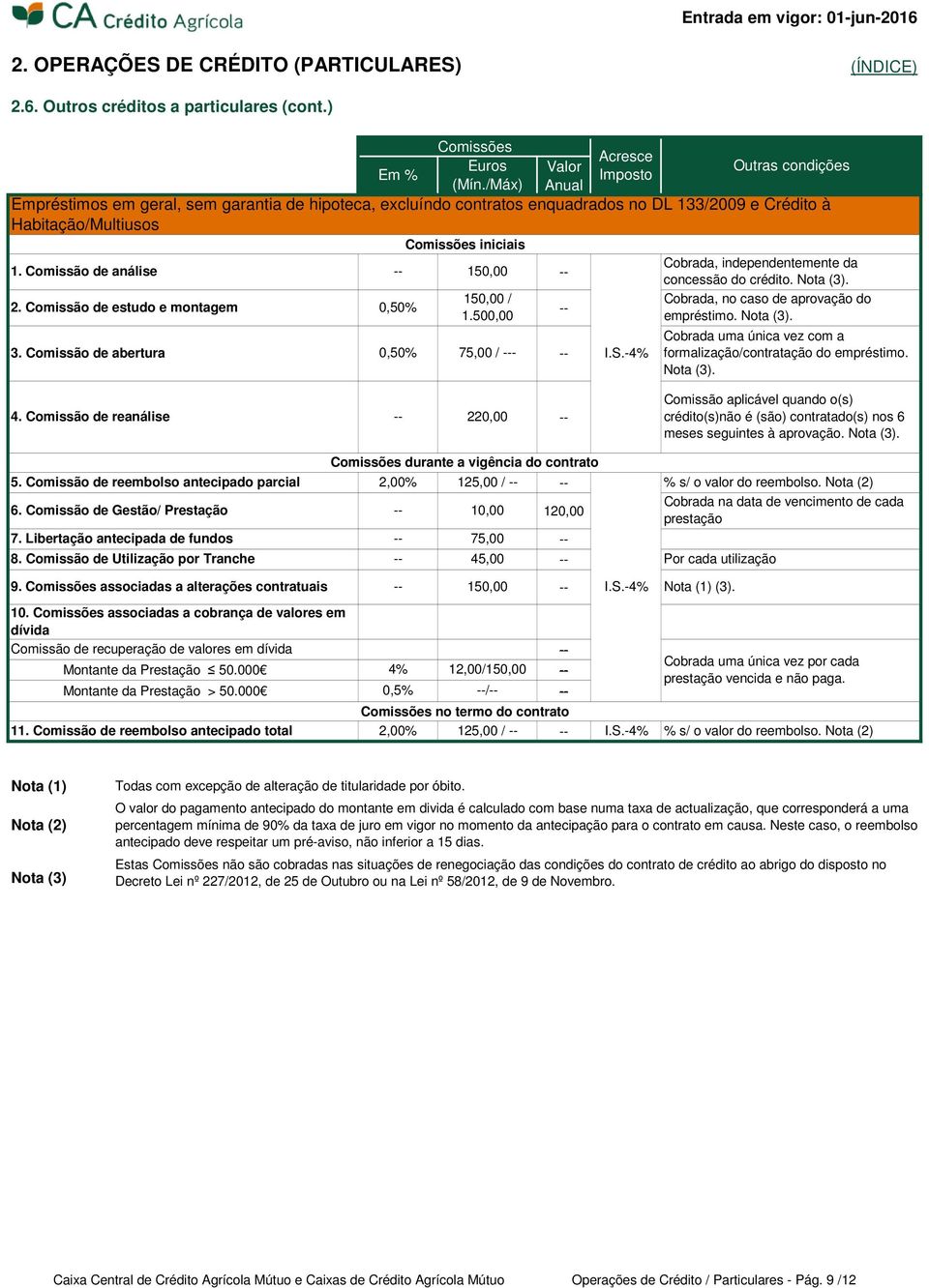 Comissão de análise 150,00 concessão do crédito.. 2. Comissão de estudo e montagem 3. Comissão de abertura 0,50% 0,50% 150,00 / 1.500,00 75,00 / - Cobrada, no caso de aprovação do empréstimo.