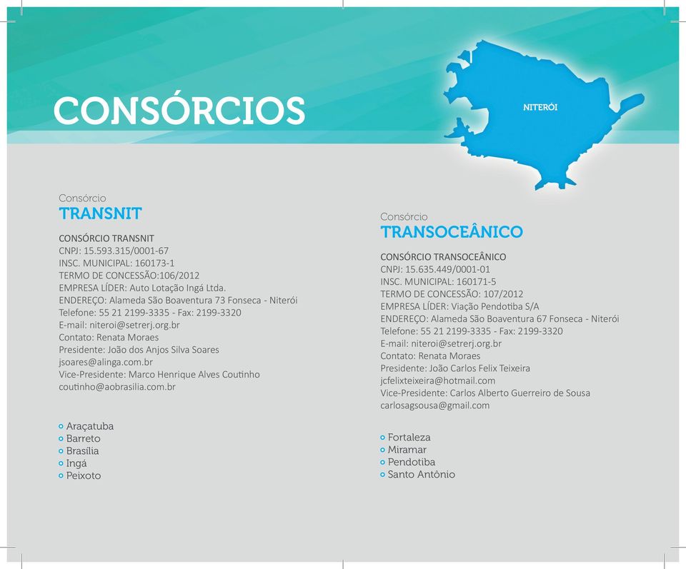 br Contato: Renata Moraes Presidente: João dos Anjos Silva Soares jsoares@alinga.com.br Vice-Presidente: Marco Henrique Alves Coutinho coutinho@aobrasilia.com.br Araçatuba Barreto Brasília Ingá Peixoto Consórcio TRANSOCEÂNICO CONSÓRCIO TRANSOCEÂNICO CNPJ: 15.