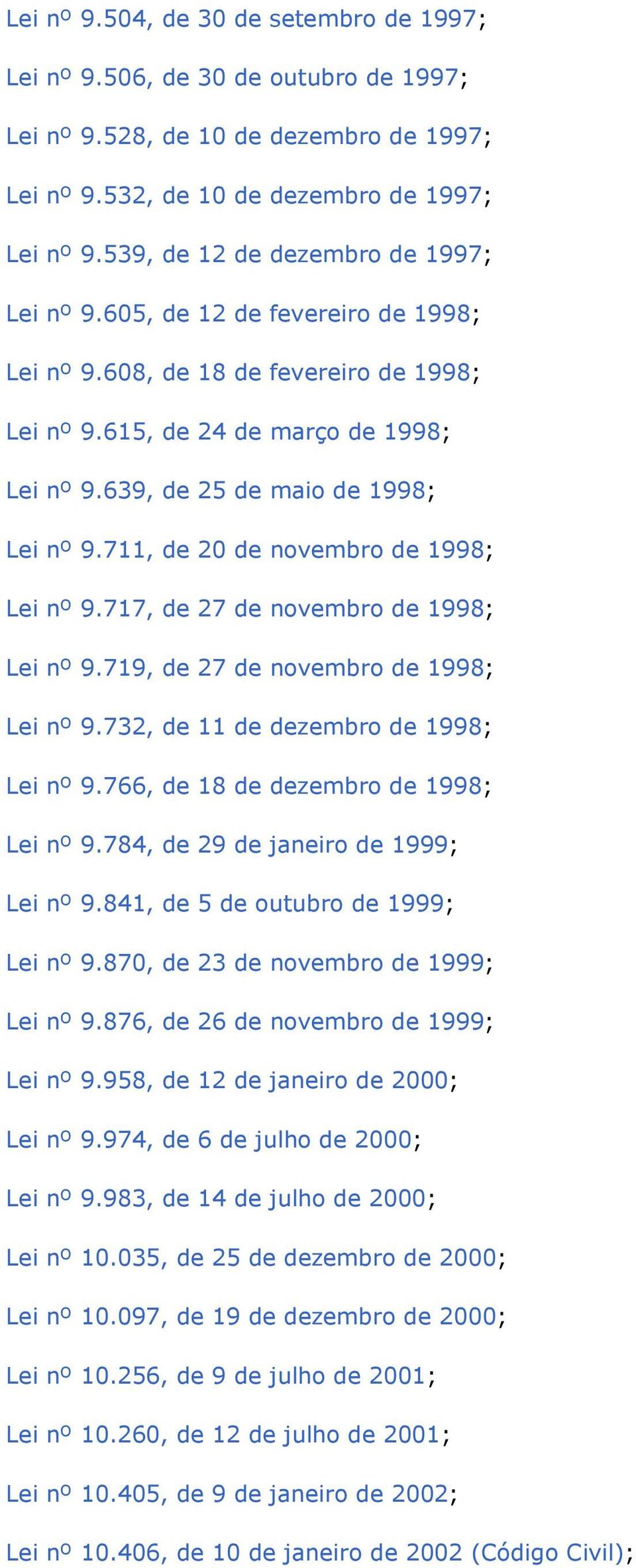 711, de 20 de novembro de 1998; Lei nº 9.717, de 27 de novembro de 1998; Lei nº 9.719, de 27 de novembro de 1998; Lei nº 9.732, de 11 de dezembro de 1998; Lei nº 9.