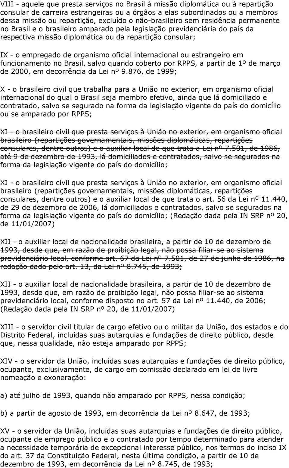 organismo oficial internacional ou estrangeiro em funcionamento no Brasil, salvo quando coberto por RPPS, a partir de 1º de março de 2000, em decorrência da Lei nº 9.
