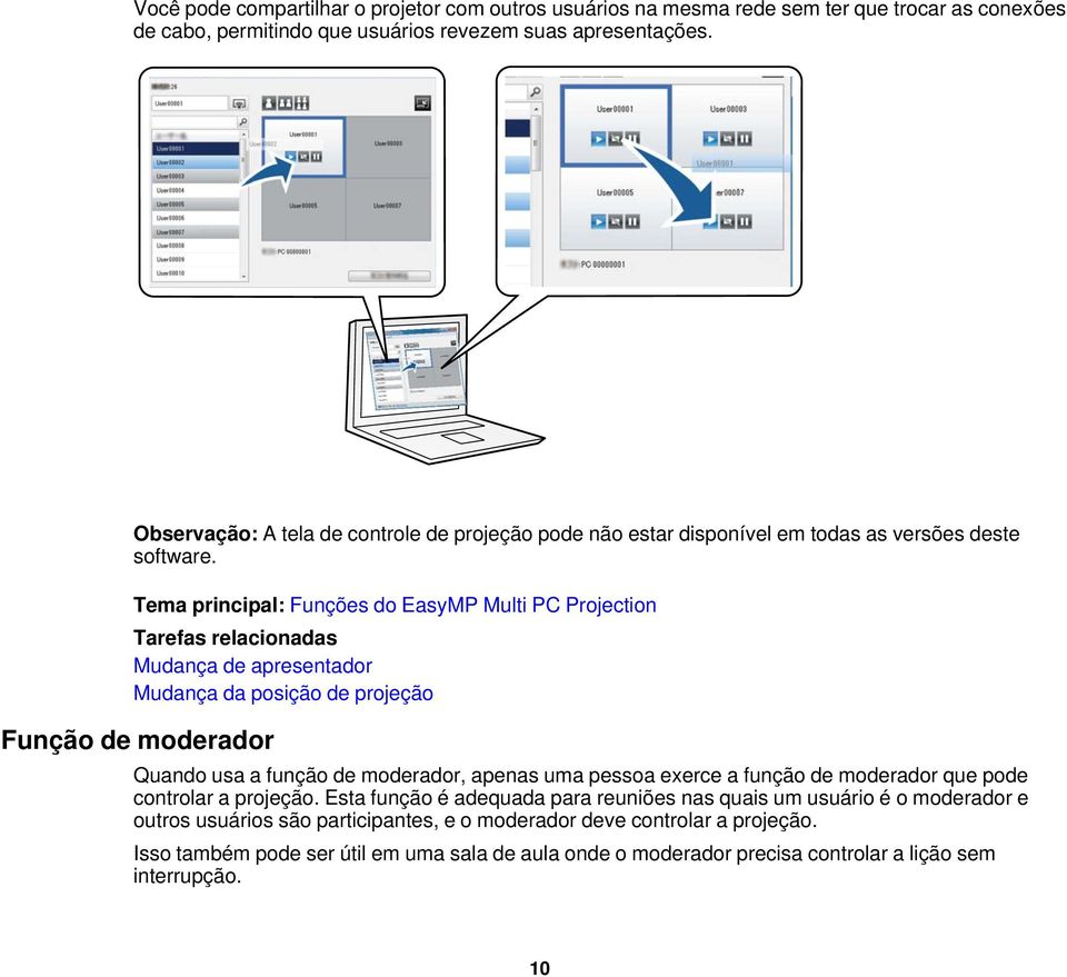 Tema principal: Funções do EasyMP Multi PC Projection Tarefas relacionadas Mudança de apresentador Mudança da posição de projeção Função de moderador Quando usa a função de moderador, apenas uma