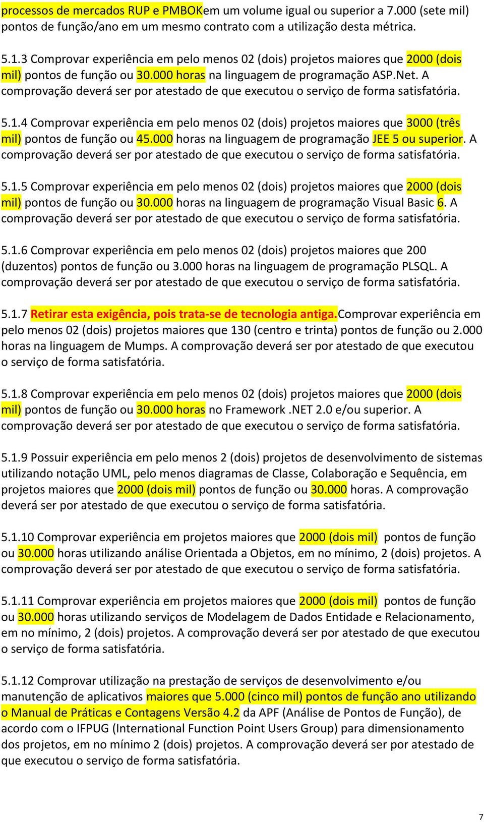 A comprovação deverá ser por atestado de que executou o serviço de forma satisfatória. 5.1.4 Comprovar experiência em pelo menos 02 (dois) projetos maiores que 3000 (três mil) pontos de função ou 45.