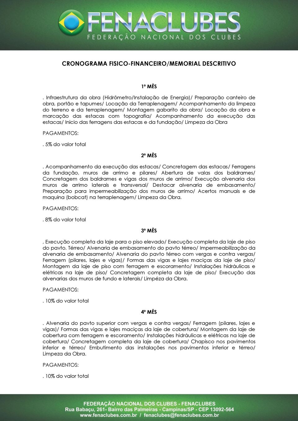 gabarito da obra/ Locação da obra e marcação das estacas com topografia/ Acompanhamento da execução das estacas/ Inicio das ferragens das estacas e da fundação/ Limpeza da Obra.