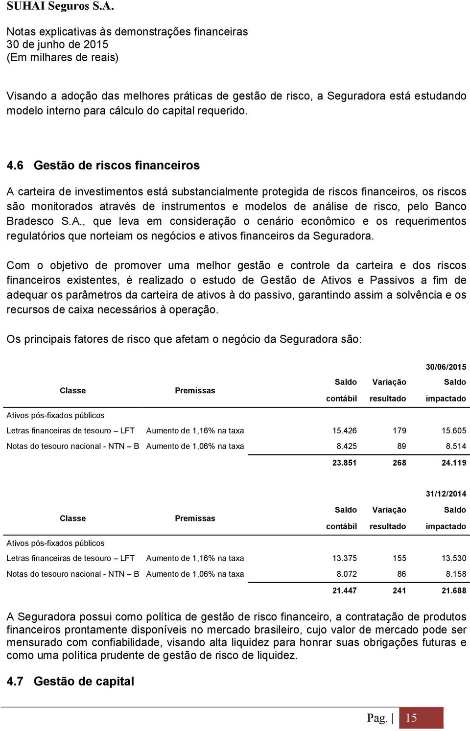 Banco Bradesco S.A., que leva em consideração o cenário econômico e os requerimentos regulatórios que norteiam os negócios e ativos financeiros da Seguradora.