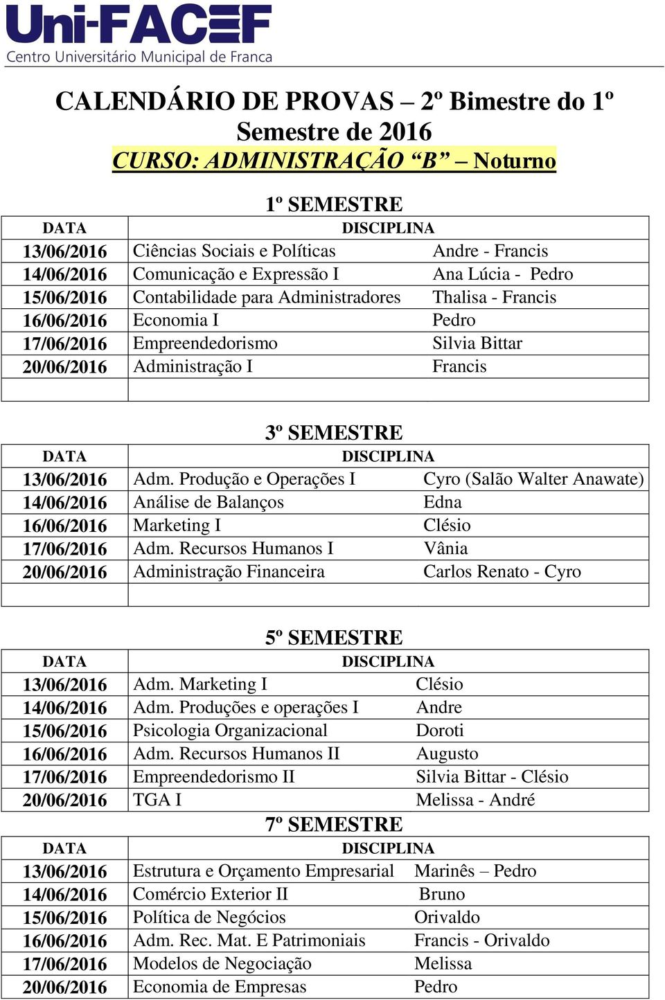 13/06/2016 Adm. Produção e Operações I Cyro (Salão Walter Anawate) 14/06/2016 Análise de Balanços Edna 16/06/2016 Marketing I Clésio 17/06/2016 Adm.