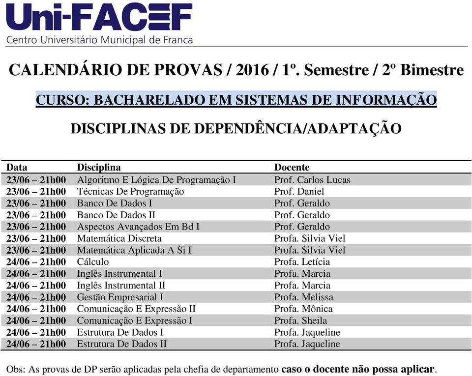 Carlos Lucas 23/06 21h00 Técnicas De Programação Prof. Daniel 23/06 21h00 Banco De Dados I Prof. Geraldo 23/06 21h00 Banco De Dados II Prof. Geraldo 23/06 21h00 Aspectos Avançados Em Bd I Prof.