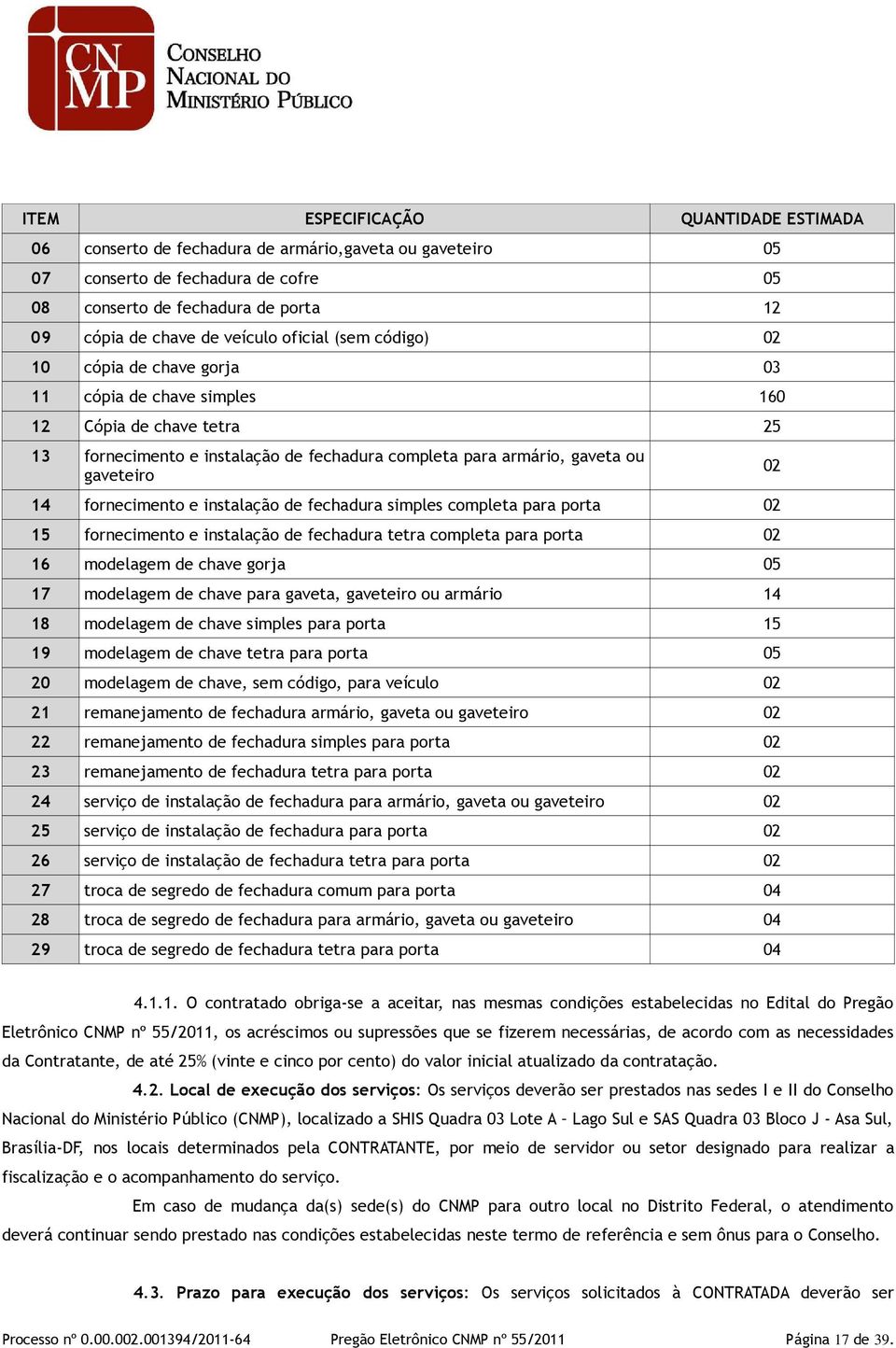 gaveteiro 14 fornecimento e instalação de fechadura simples completa para porta 02 15 fornecimento e instalação de fechadura tetra completa para porta 02 16 modelagem de chave gorja 05 17 modelagem