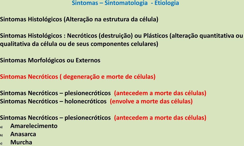 Necróticos ( degeneração e morte de células) Sintomas Necróticos plesionecróticos (antecedem a morte das células) Sintomas Necróticos