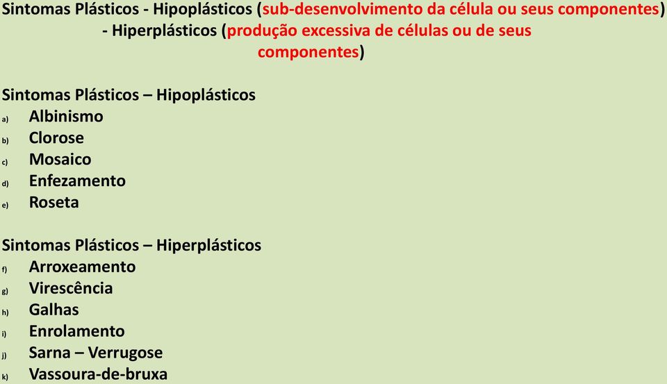 Hipoplásticos a) Albinismo b) Clorose c) Mosaico d) Enfezamento e) Roseta Sintomas Plásticos