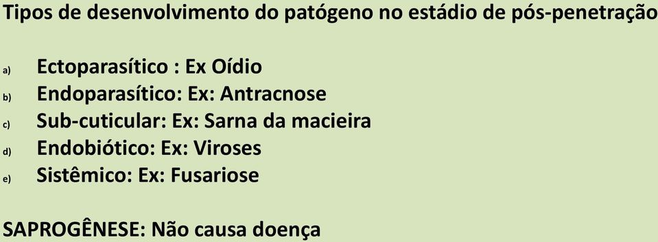 Endoparasítico: Ex: Antracnose Sub-cuticular: Ex: Sarna da