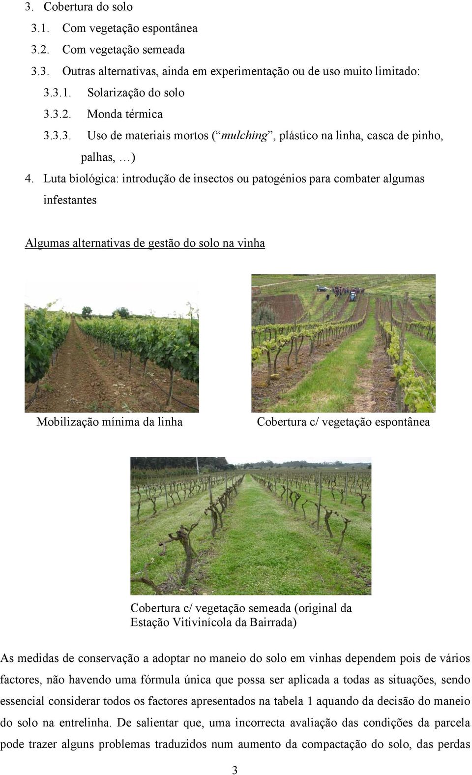 Luta biológica: introdução de insectos ou patogénios para combater algumas infestantes Algumas alternativas de gestão do solo na vinha Mobilização mínima da linha Cobertura c/ vegetação espontânea