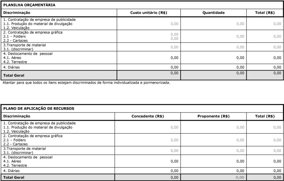 Diárias 0,0,0,00 Total Geral Atentar para que todos os itens estejam discriminados de forma individualizada e pormenorizada.