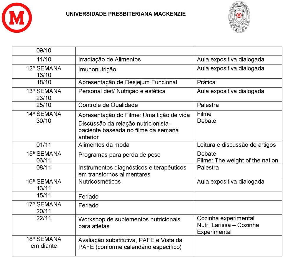 discussão de artigos 15ª SEMANA 06/11 Programas para perda de peso 08/11 Instrumentos diagnósticos e terapêuticos em transtornos alimentares 16ª SEMANA Nutricosméticos 13/11 15/11 Feriado 17ª SEMANA