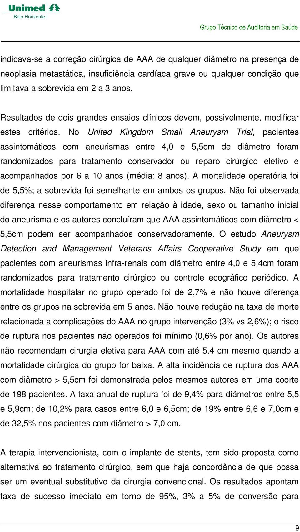 No United Kingdom Small Aneurysm Trial, pacientes assintomáticos com aneurismas entre 4,0 e 5,5cm de diâmetro foram randomizados para tratamento conservador ou reparo cirúrgico eletivo e acompanhados