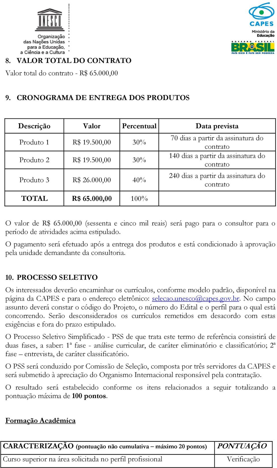 000,00 40% 240 dias a partir da assinatura do contrato TOTAL R$ 65.000,00 100% O valor de R$ 65.