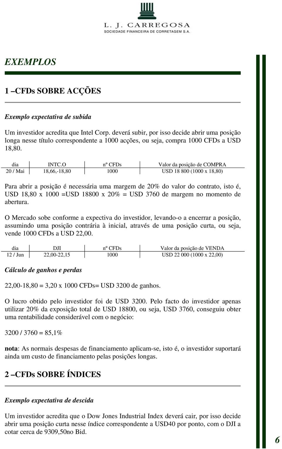 O nº CFDs Valor da posição de COMPRA 20 / Mai 18,66,-18,80 1000 USD 18 800 (1000 x 18,80) Para abrir a posição é necessária uma margem de 20% do valor do contrato, isto é, USD 18,80 x 1000 =USD 18800