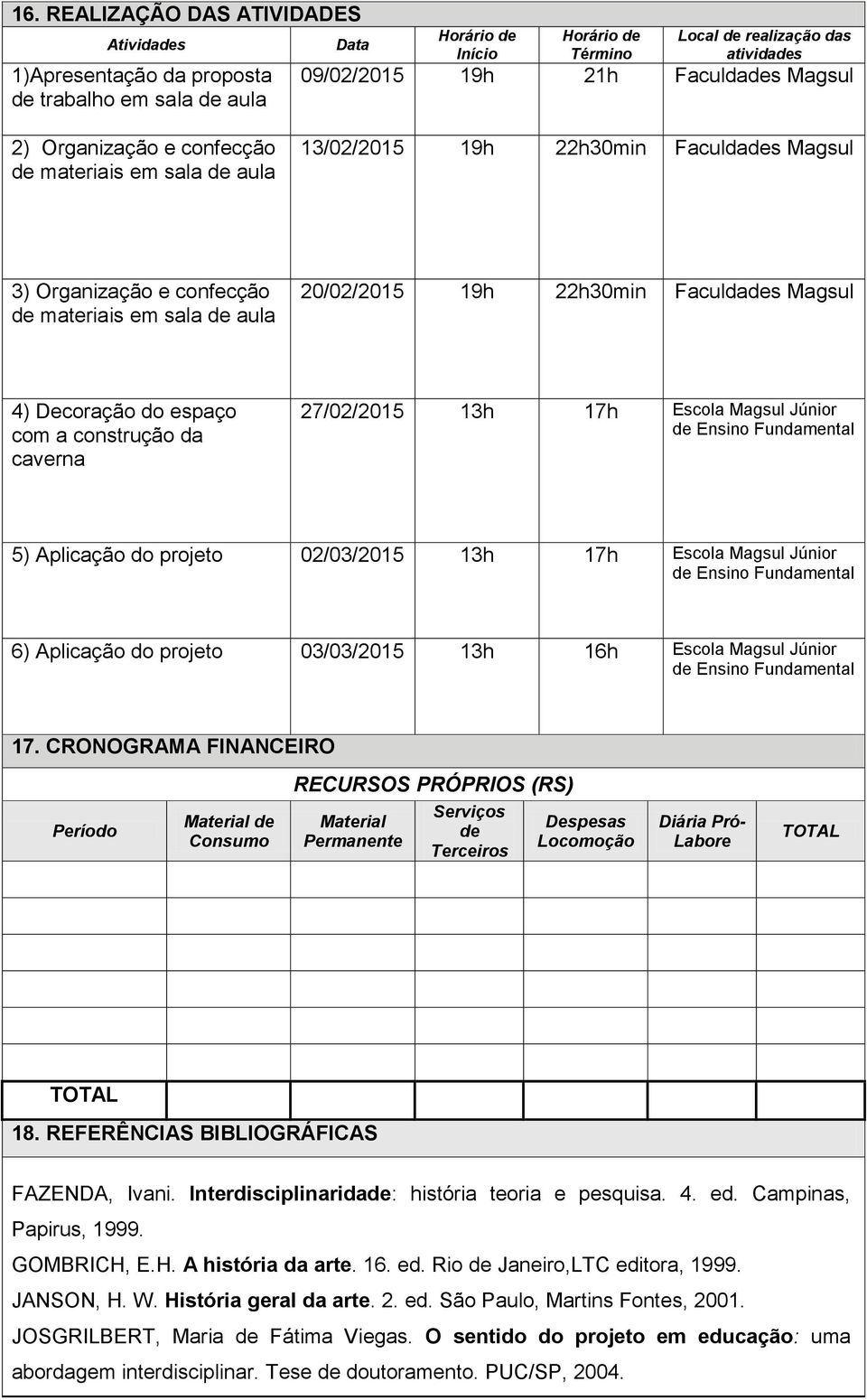 Faculdades Magsul 4) Decoração do espaço com a construção da caverna 27/02/2015 13h 17h Escola Magsul Júnior 5) Aplicação do projeto 02/03/2015 13h 17h Escola Magsul Júnior 6) Aplicação do projeto