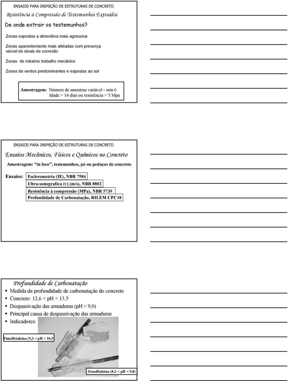 sol Amostragem: Número de amostras variável - min 6 Idade > 14 dias ou resistência > 5 Mpa Ensaios Mecânicos, Físicos e Químicos no Concreto Amostragem: in loco, testemunhos, pó ou pedaços de