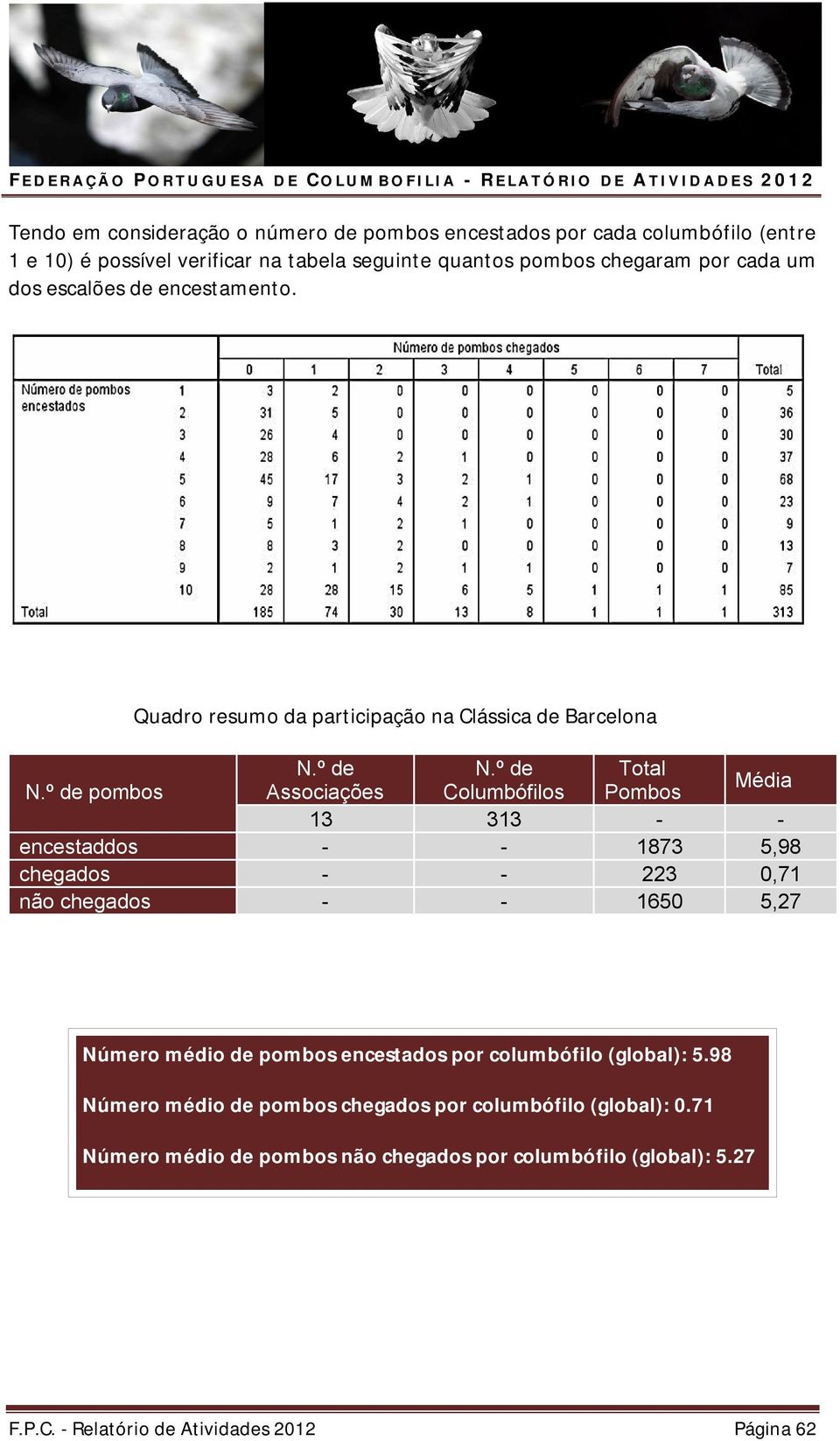 º de pombos Associações Columbófilos Pombos Média 13 313 - - encestaddos - - 1873 5,98 chegados - - 223 0,71 não chegados - - 1650 5,27 Número médio de pombos