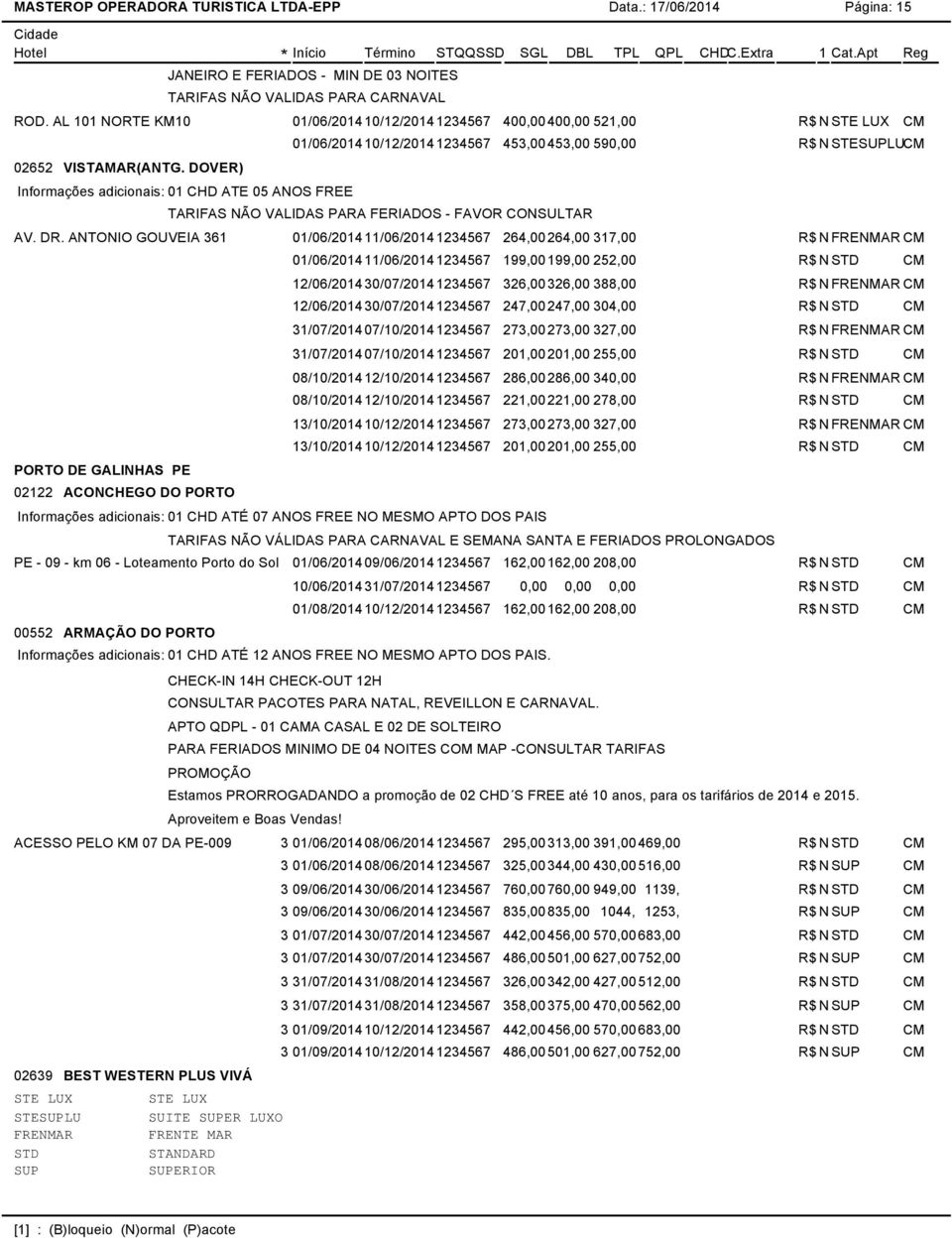 DOVER) Informações adicionais: 01 CHD ATE 05 ANOS FREE TARIFAS NÃO VALIDAS PARA FERIADOS - FAVOR CONSULTAR AV. DR.