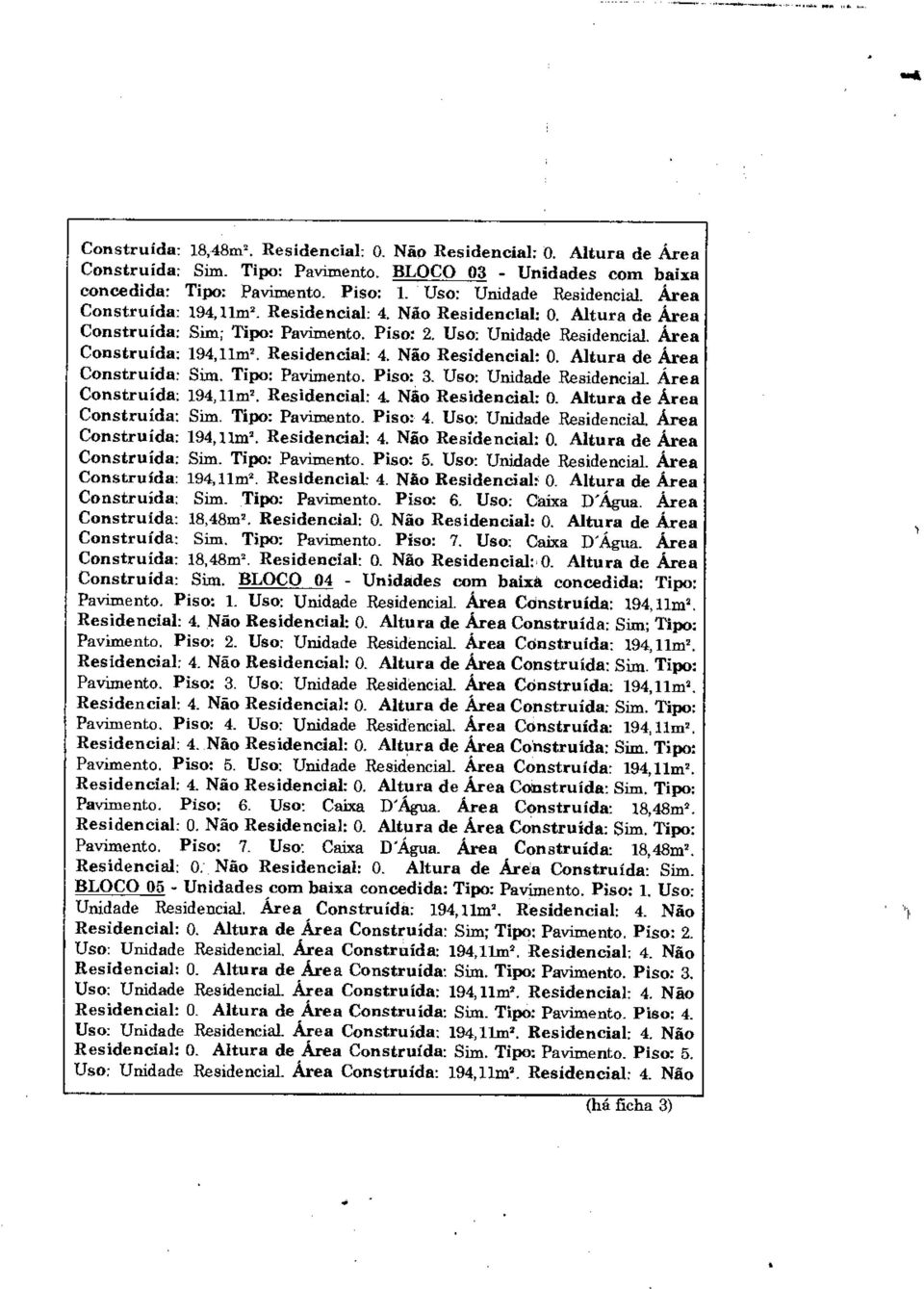 Uso: Unidade Residencial. Área Construída: Sim. Tipo: Pavimento. Piso: 5. Uso: Unidade Residencial. Área Construída: 194,11m' Residencial: 4. Não Residencial: O. Altura de Área Construída: Sim.