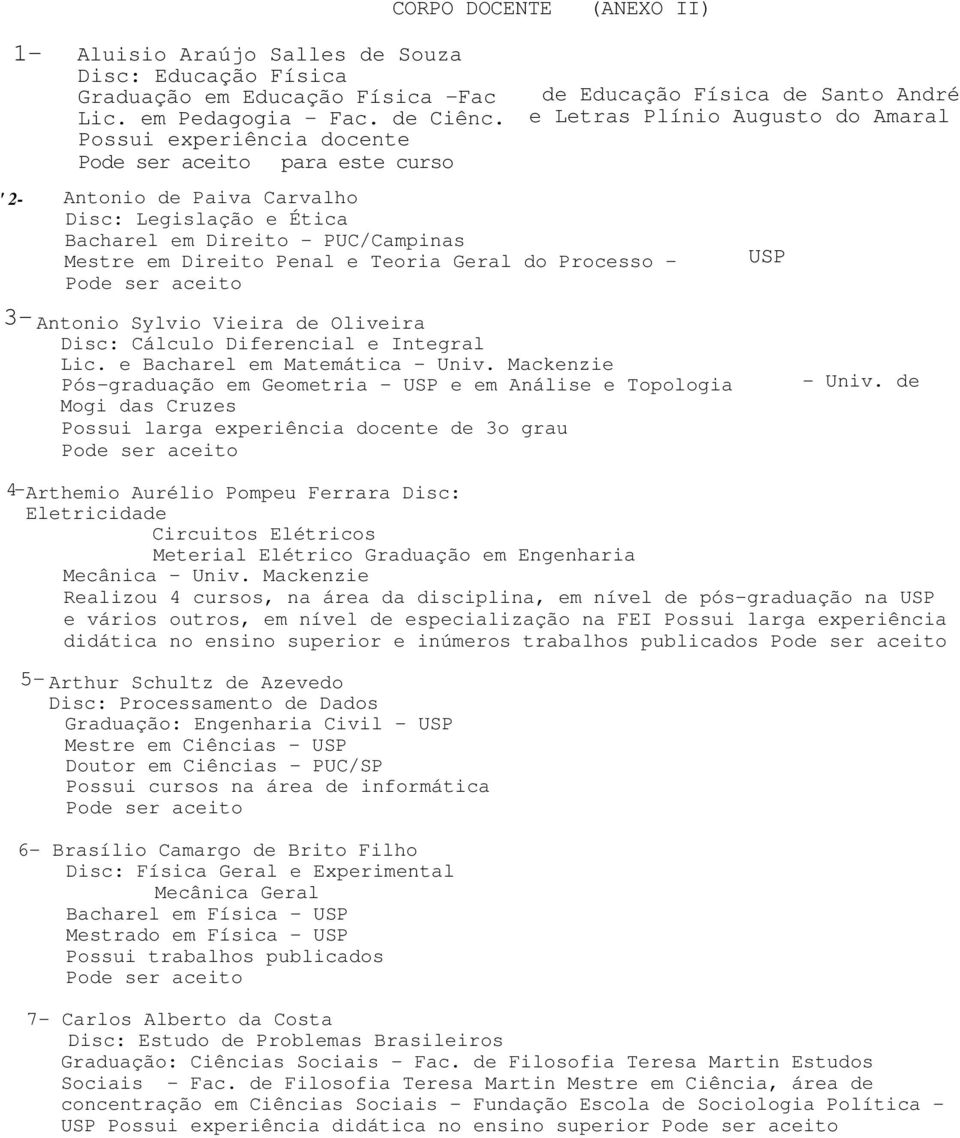 Física de Santo André e Letras Plínio Augusto do Amaral USP 3- Antonio Sylvio Vieira de Oliveira Disc: Cálculo Diferencial e Integral Lic. e Bacharel em Matemática - Univ.