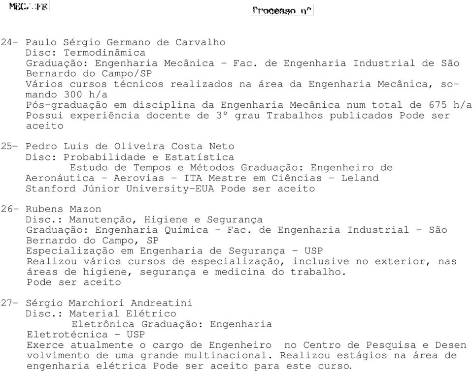 675 h/a Possui experiência docente de 3 grau Trabalhos publicados Pode ser aceito 25- Pedro Luis de Oliveira Costa Neto Disc: Probabilidade e Estatística Estudo de Tempos e Métodos Graduação: