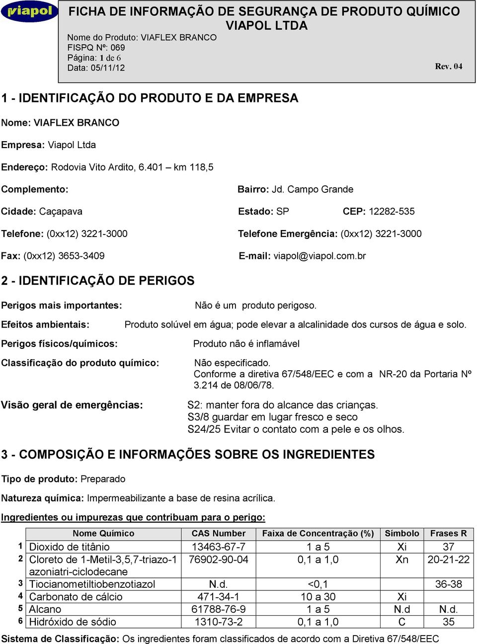 br 2 - IDENTIFICAÇÃO DE PERIGOS Perigos mais importantes: Efeitos ambientais: Perigos físicos/químicos: Não é um produto perigoso.