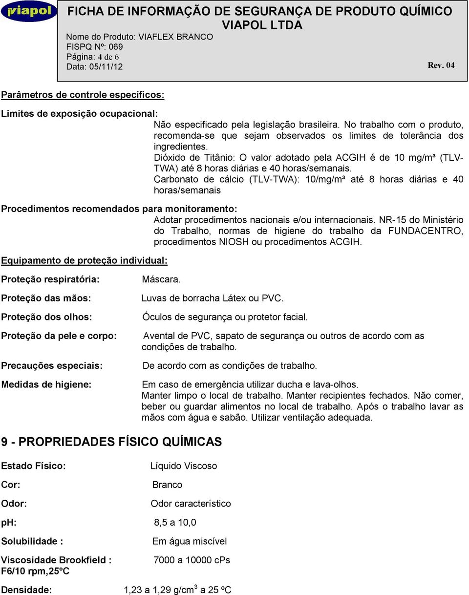 Dióxido de Titânio: O valor adotado pela ACGIH é de 10 mg/m³ (TLV- TWA) até 8 horas diárias e 40 horas/semanais.