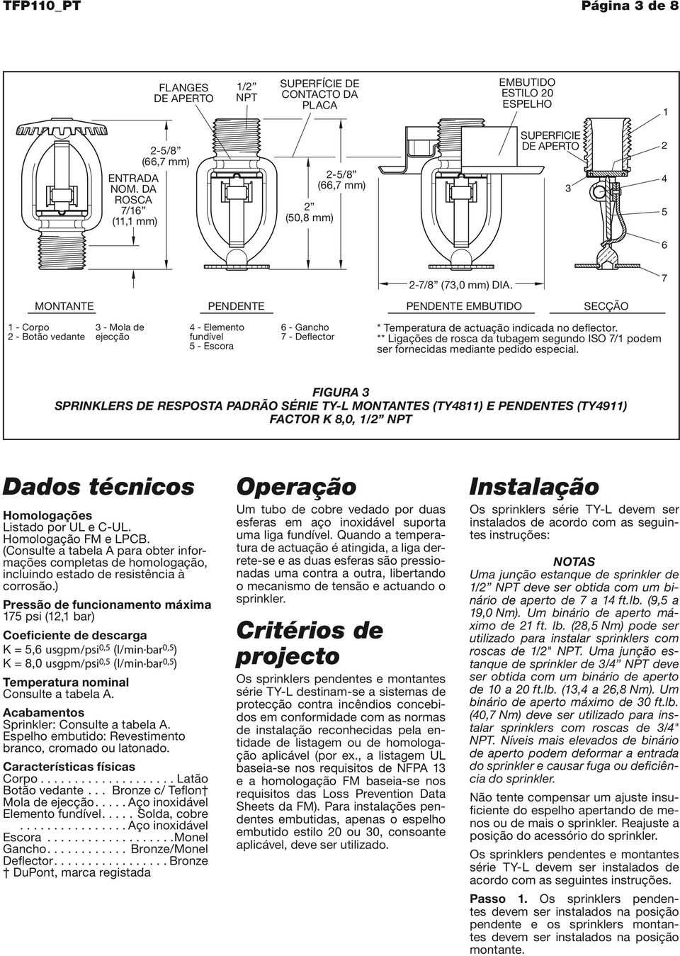 7 MONTANTE PENDENTE SECÇÃO 1 - Corpo 2 - Botão vedante 3 - Mola de ejecção 4 - Elemento fundível 5 - Escora 6 - Gancho 7 - Deflector * Temperatura de actuação indicada no deflector.