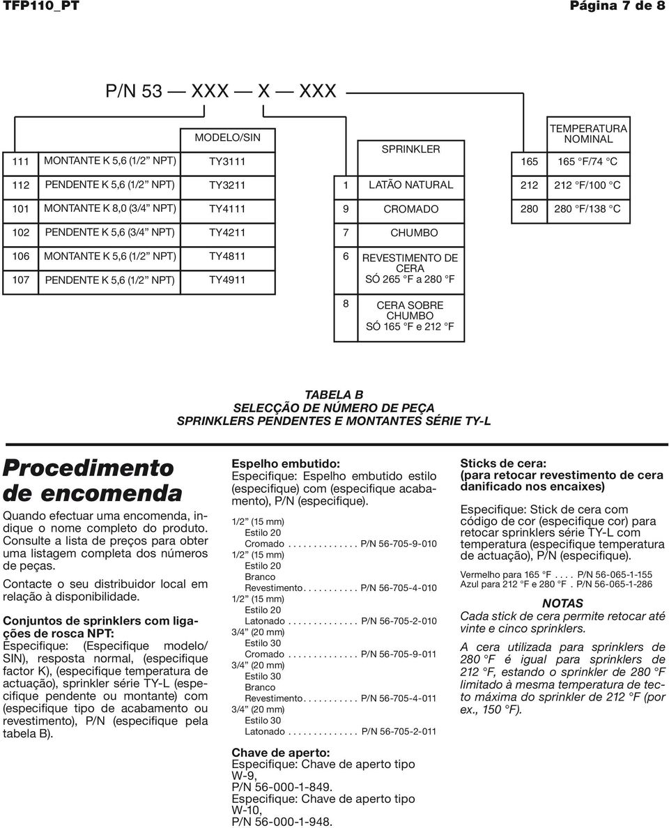 165 F e 212 F TABELA B SELECÇÃO DE NÚMERO DE PEÇA SPRINKLERS PENDENTES E MONTANTES SÉRIE TY-L Procedimento de encomenda Quando efectuar uma encomenda, indique o nome completo do produto.