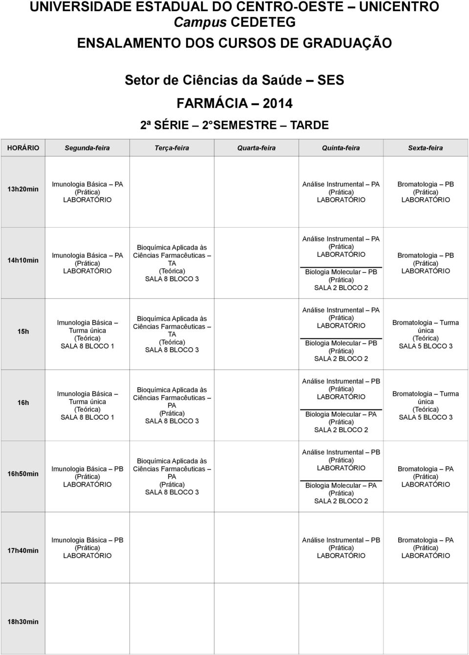 Turma SALA 5 BLOCO 3 16h Imunologia Básica SALA 8 BLOCO 1 PA Análise Instrumental Biologia Molecular PA Bromatologia Turma SALA 5 BLOCO 3