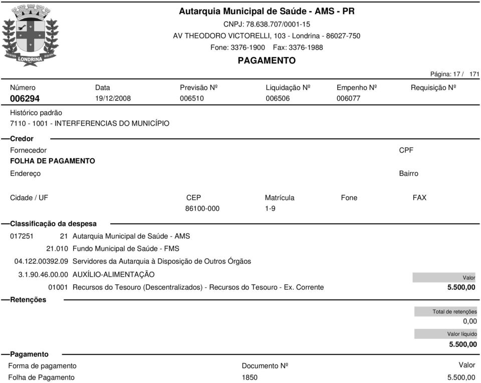 09 Servidores da Autarquia à Disposição de Outros Órgãos 3.1.90.46.00.