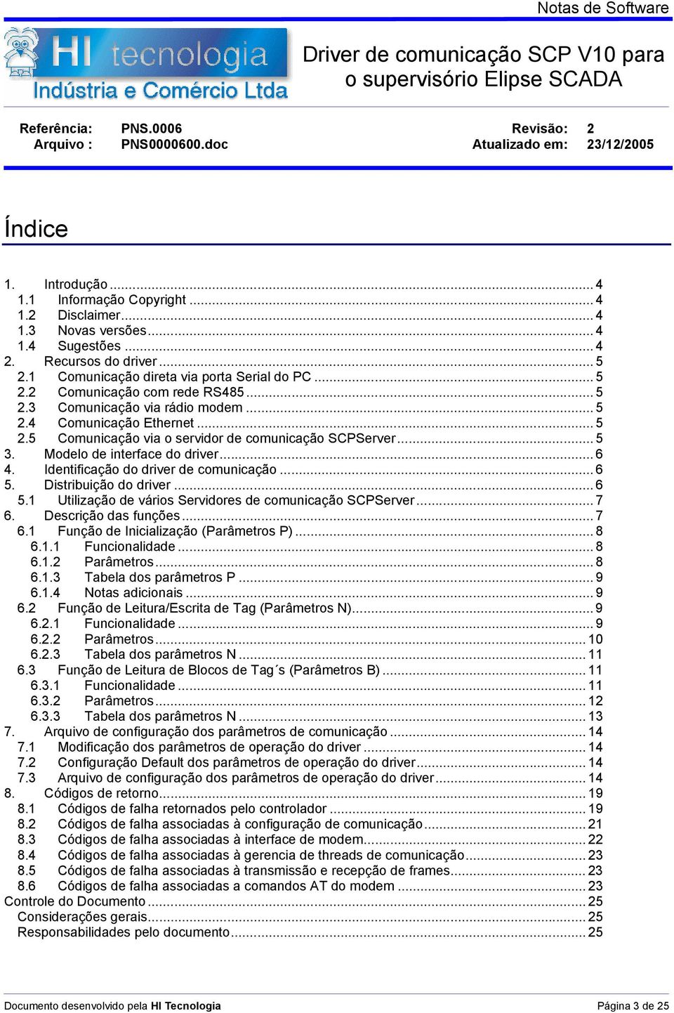 .. 5 2.3 Comunicação via rádio modem... 5 2.4 Comunicação Ethernet... 5 2.5 Comunicação via o servidor de comunicação SCPServer... 5 3. Modelo de interface do driver...6 4.