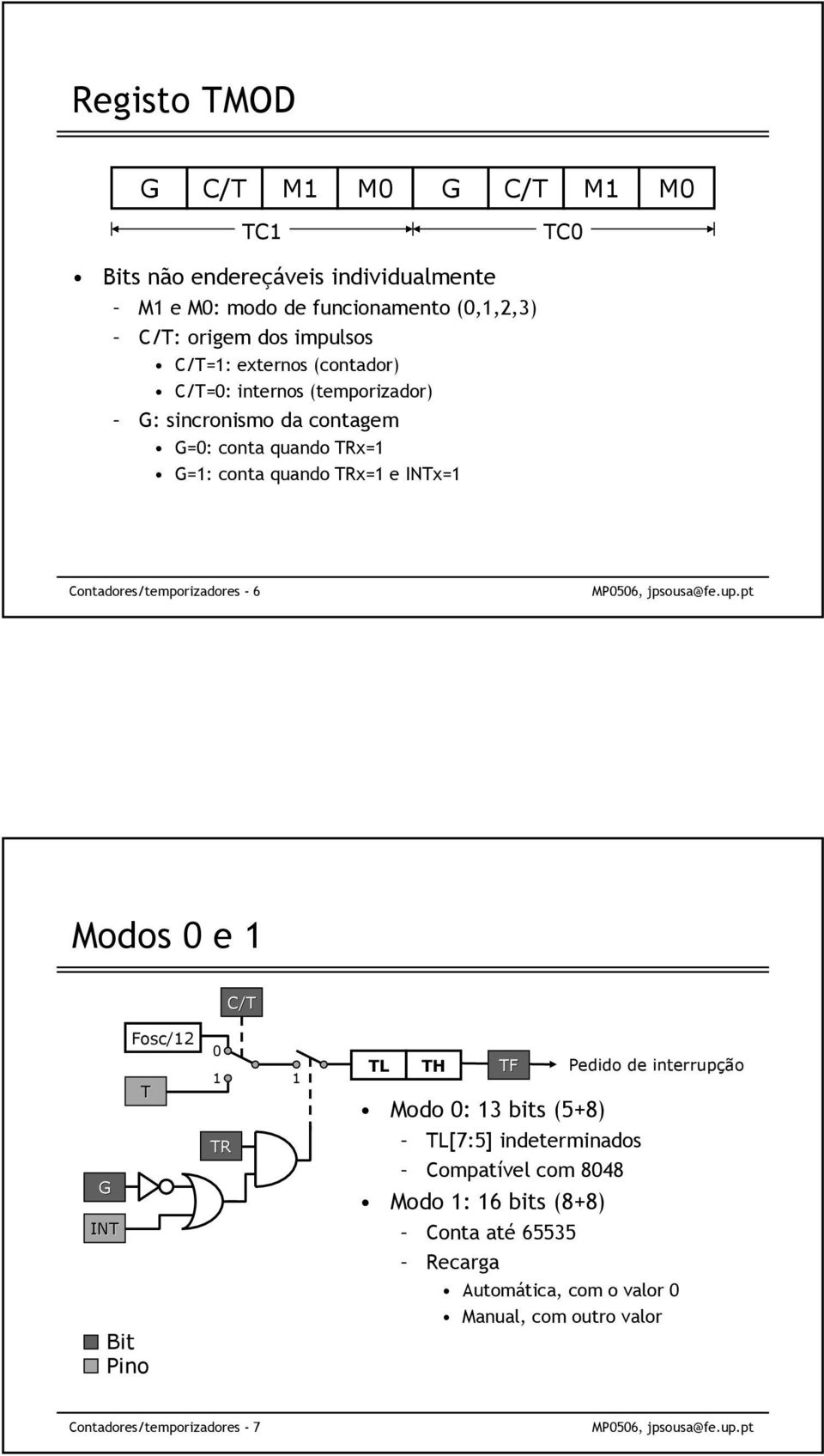 INTx=1 Contadores/temporizadores - 6 Modos 0 e 1 C/T G INT Bit Pino Fosc/12 T 0 1 1 TR TL TH TF Pedido de interrupção Modo 0: 13 bits (5+8) TL[7:5]