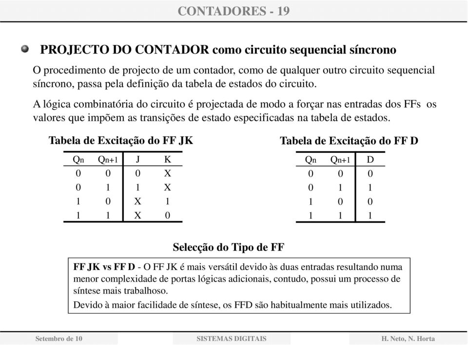 Tabela de Excitação do FF JK Qn Qn+ J K 0 0 0 X 0 X 0 X X 0 Tabela de Excitação do FF D Qn Qn+ D 0 0 0 0 0 0 Selecção do Tipo de FF FF JK vs FF D - O FF JK é mais versátil devido às duas entradas