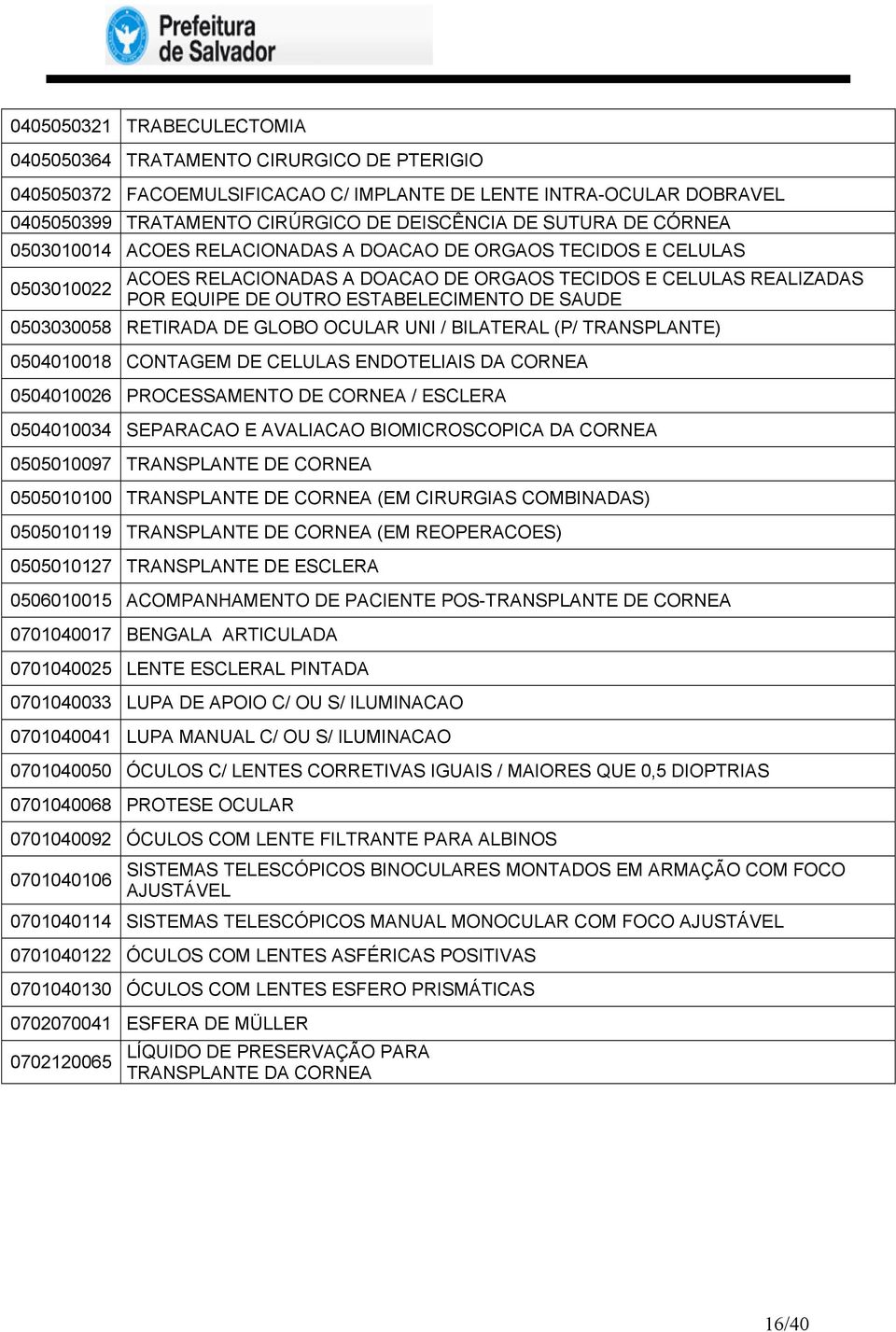 0503030058 RETIRADA DE GLOBO OCULAR UNI / BILATERAL (P/ TRANSPLANTE) 0504010018 CONTAGEM DE CELULAS ENDOTELIAIS DA CORNEA 0504010026 PROCESSAMENTO DE CORNEA / ESCLERA 0504010034 SEPARACAO E AVALIACAO