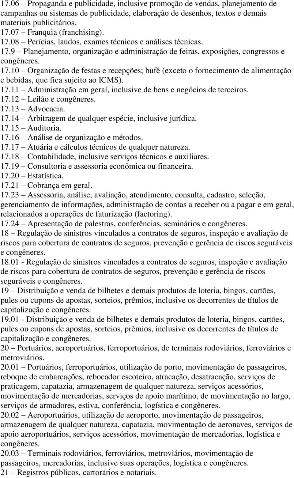 10 Organização de festas e recepções; bufê (exceto o fornecimento de alimentação e bebidas, que fica sujeito ao ICMS). 17.11 Administração em geral, inclusive de bens e negócios de terceiros. 17.12 Leilão e 17.