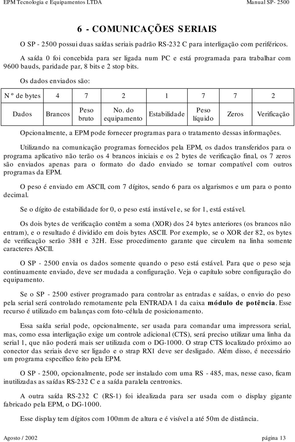 Os dados enviados são: N º de bytes 4 7 2 1 7 7 2 Dados Brancos Peso bruto No.