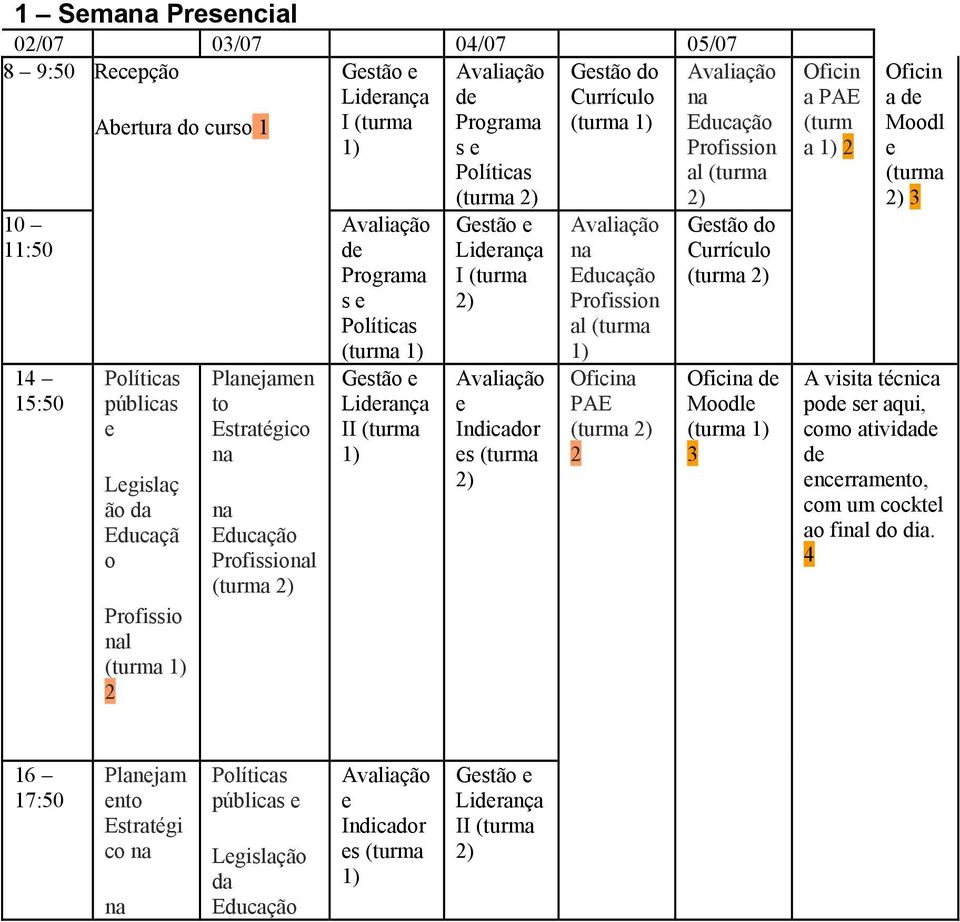 Políticas (turma 1) Gestão e Liderança II (turma 1) (turma 2) Gestão e Liderança I (turma 2) Avaliação e Indicador es (turma 2) Avaliação na Educação Profission al (turma 1) Oficina PAE (turma 2) 2