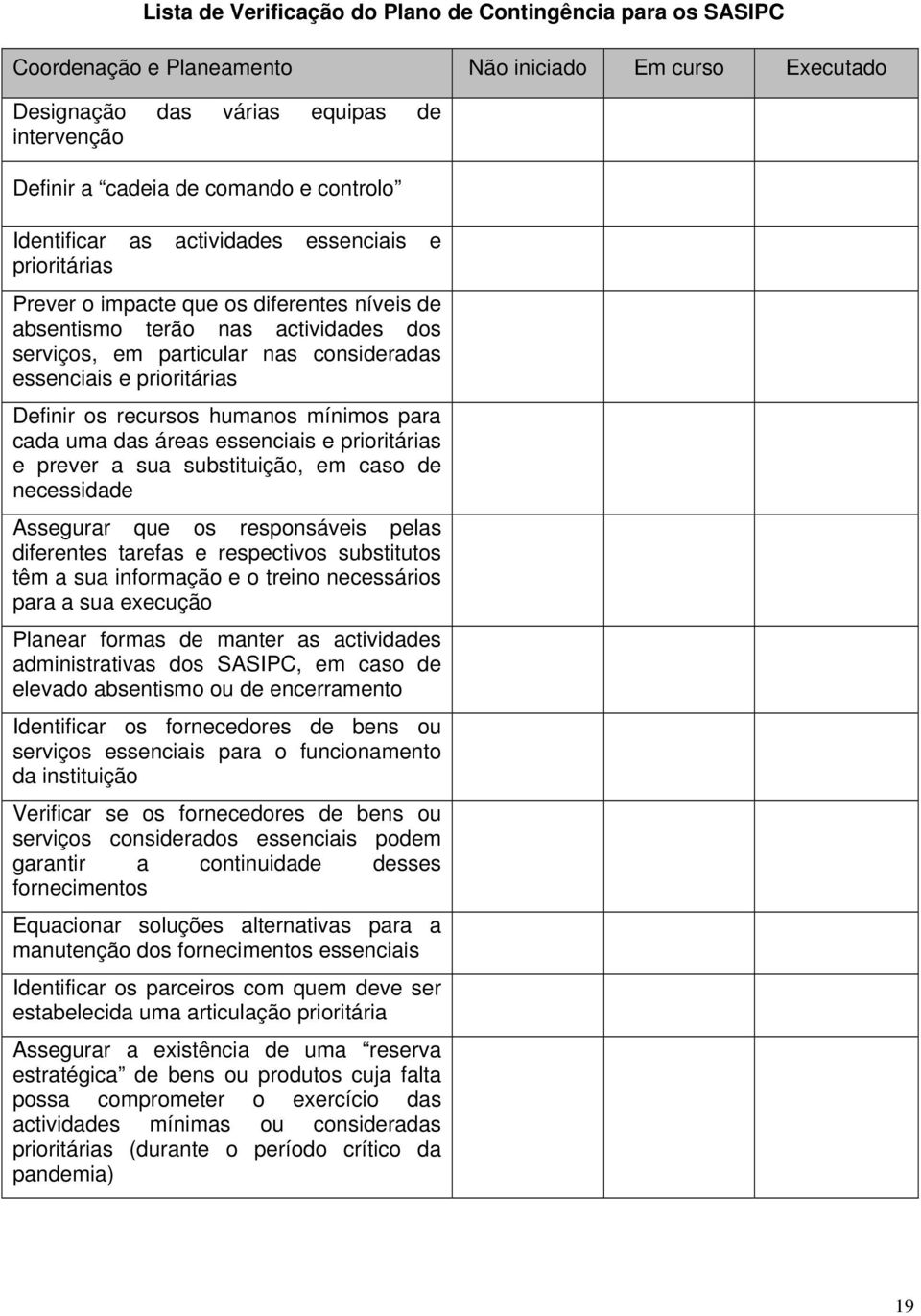 prioritárias Definir os recursos humanos mínimos para cada uma das áreas essenciais e prioritárias e prever a sua substituição, em caso de necessidade Assegurar que os responsáveis pelas diferentes