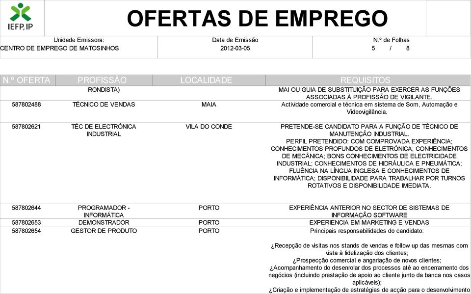 PERFIL PRETENDIDO: COM COMPROVADA EXPERIÊNCIA; CONHECIMENTOS PROFUNDOS DE ELETRÓNICA; CONHECIMENTOS DE MECÂNICA; BONS CONHECIMENTOS DE ELECTRICIDADE INDUSTRIAL; CONHECIMENTOS DE HIDRÁULICA E