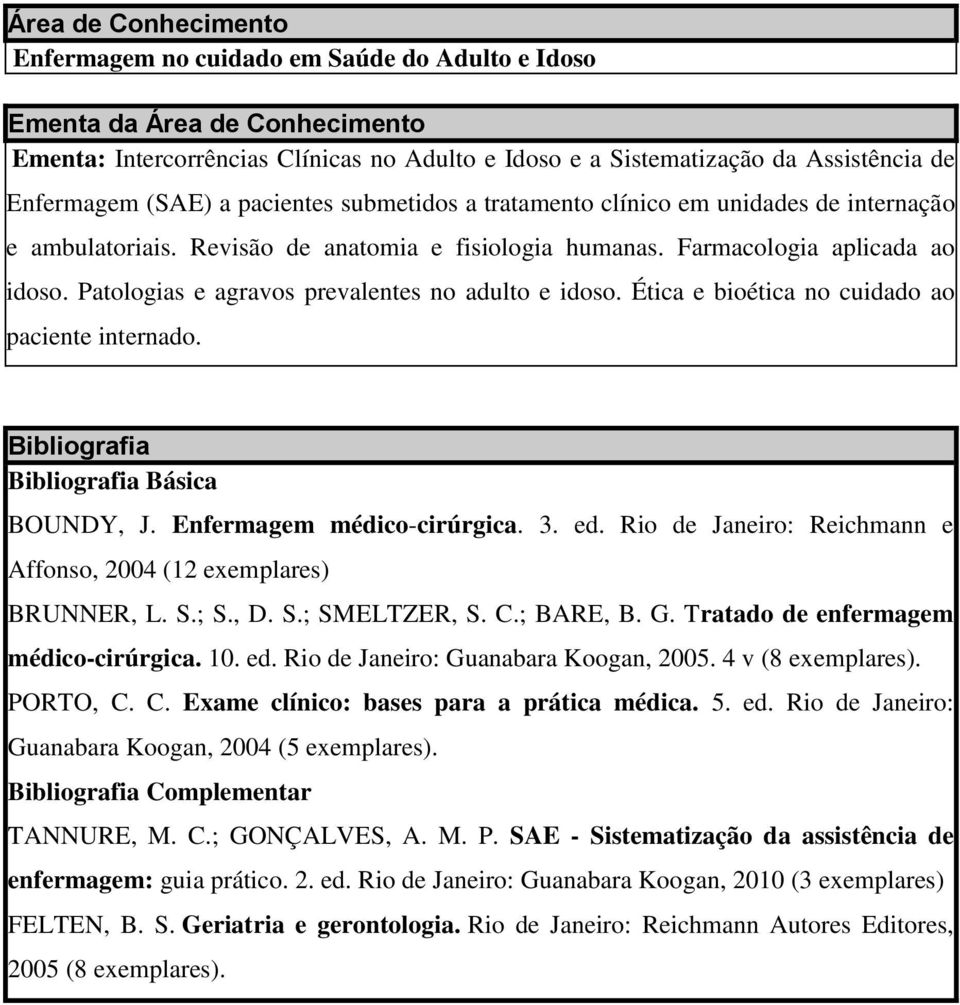 Ética e bioética no cuidado ao paciente internado. Básica BOUNDY, J. Enfermagem médico-cirúrgica. 3. ed. Rio de Janeiro: Reichmann e Affonso, 2004 (12 exemplares) BRUNNER, L. S.; S., D. S.; SMELTZER, S.