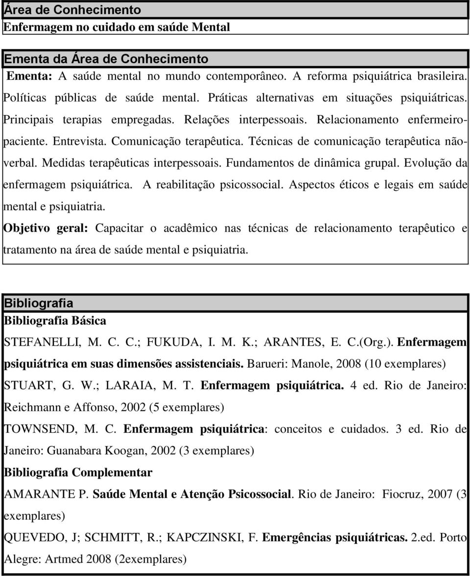 Técnicas de comunicação terapêutica nãoverbal. Medidas terapêuticas interpessoais. Fundamentos de dinâmica grupal. Evolução da enfermagem psiquiátrica. A reabilitação psicossocial.