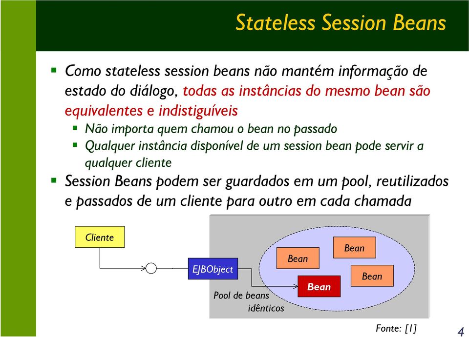 disponível de um session bean pode servir a qualquer cliente Session Beans podem ser guardados em um pool,