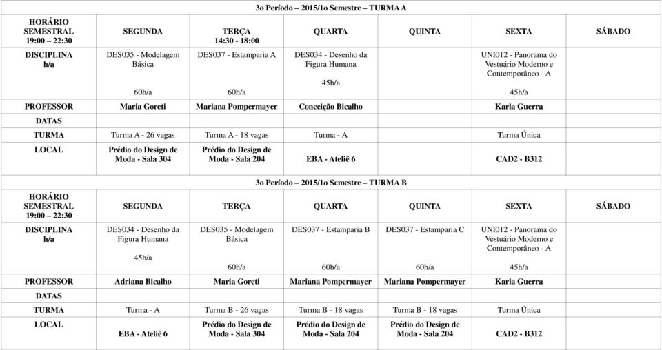 Ateliê 6 CAD2 - B312 3o Período 2015/1o Semestre TURMA B DES034 - Desenho da Figura Humana DES035 - Modelagem Básica 60 DES037 - Estamparia B 60 DES037 - Estamparia C 60 UNI012 - Panorama do